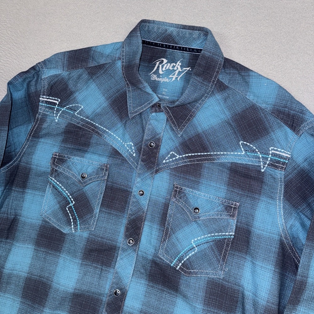 Wrangler Rock 57 Shirt Mens XL Blue Plaid Pearl Snap Western Long Sleeve Cotton